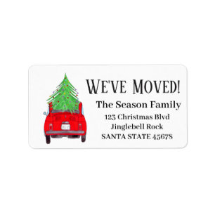New Address Red Car mit Weihnachtsbaum Adressaufkleber
