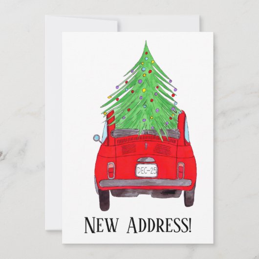 New Address Red Car mit Weihnachtsbaum Einladung (Vorderseite)