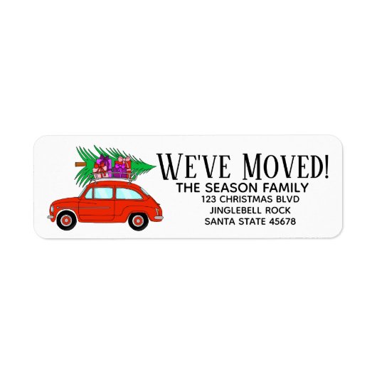 New Address Red Car mit Weihnachtsgeschenke Label (Vorne)
