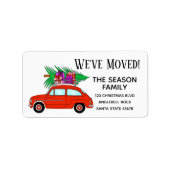 New Address Red Car mit Weihnachtsgeschenke Label Adressaufkleber (Vorne)