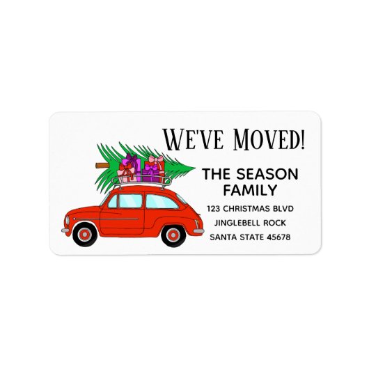 New Address Red Car mit Weihnachtsgeschenke Label Adressaufkleber (Vorne)