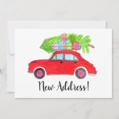 New Address Red Car with Christmas tree Einladung (Vorderseite)