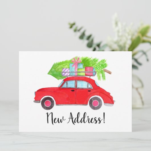 New Address Red Car with Christmas tree Einladung (Stehend Vorderseite)