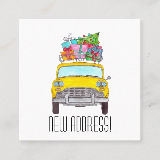 New Address Yellow Cab mit Weihnachtsgeschenken Quadratische Visitenkarte (Vorderseite)