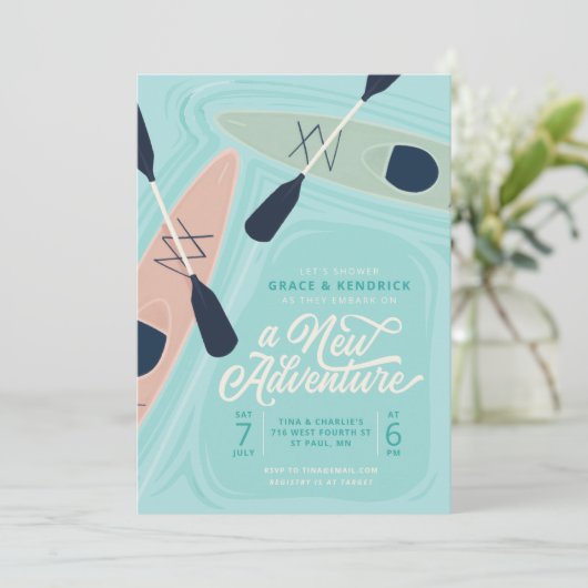 New Adventure Kayak Couples Polterabend Einladung (Stehend Vorderseite)