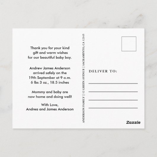 New Baby Birth Ankündigung Vielen Dank Postkarte (Rückseite)