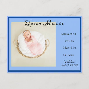New Baby Birth Announcement Blue Foto Postkarte
