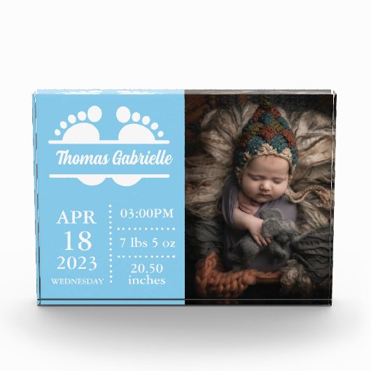 New Baby Boy Blue Birth Stats Keepake Foto Block (Vorderseite)