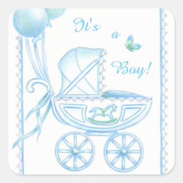 New Baby Boy Blue Buggy und Balloons Quadratischer Aufkleber