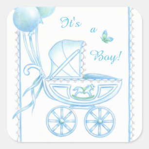 New Baby Boy Blue Buggy und Balloons Quadratischer Aufkleber