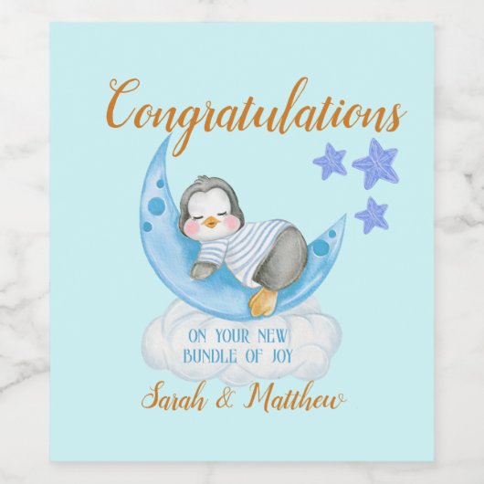 New Baby Boy Congratulations Sleeping Penguin Weinetikett (Einzelnes Label)
