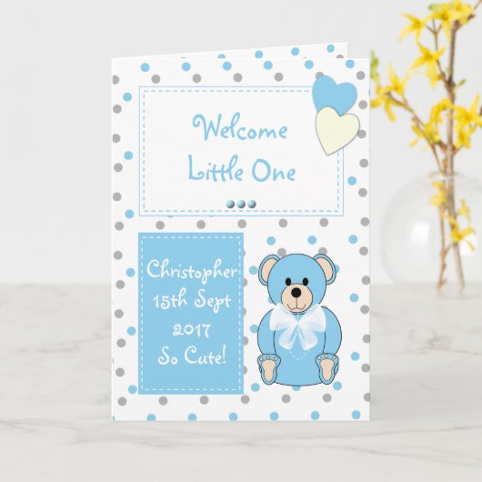 New Baby Boy Teddy bear blue Karte (Gelbe Blume)