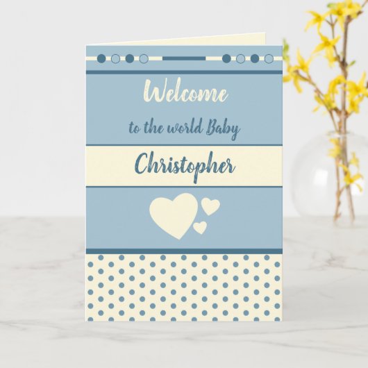 New Baby Boys blau und creme mit Namen willkommen Karte (Gelbe Blume)