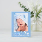 New Baby Danke Blue Ankündigungspostkarte (Stehend Vorderseite)