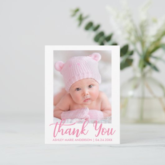 New Baby Danke Pink Script Postkarte (Stehend Vorderseite)