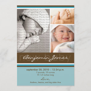 New Baby Foto Trio Birth Announcement (blau) Ankündigung