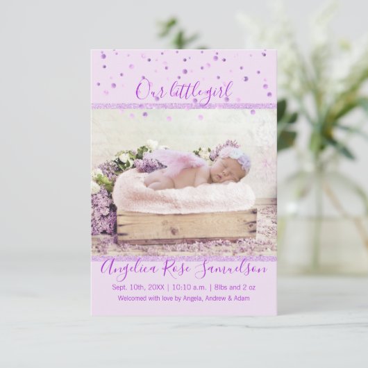 New Baby Girl Birth Stats Lavender Lilac | FOTO Ankündigung (Stehend Vorderseite)