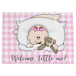 New Baby Girl With Teddy Bear On Gingham Große Geschenktüte