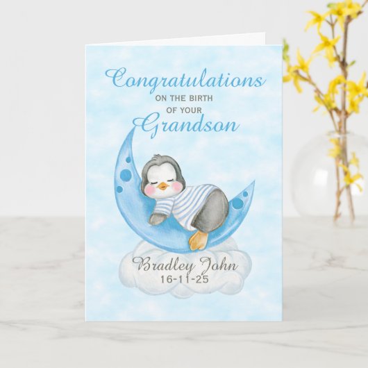 New Baby Grandson Blue Penguin Moon Karte (Gelbe Blume)