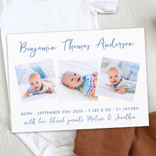 New Baby Modern 3 Foto Collage Blue Birth Ankündigung