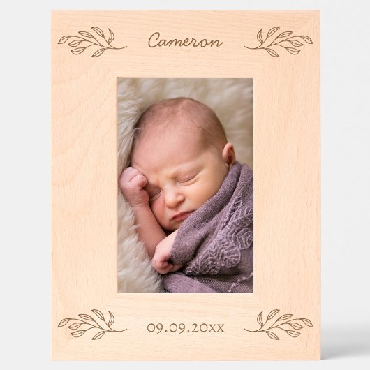 New Baby Personalized Name Date Botanical Leaves Geätzte Rahmen