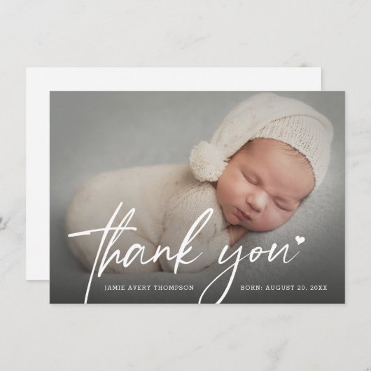 New Baby Photo Modern script heart Birth Dankeskarte (Vorne/Hinten)