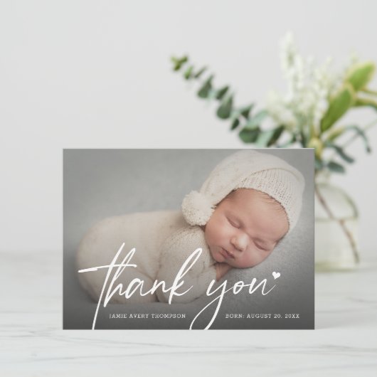 New Baby Photo Modern script heart Birth Dankeskarte (Stehend Vorderseite)