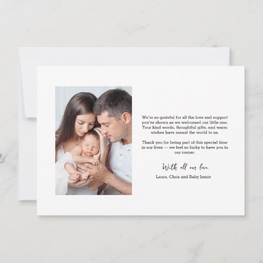 New Baby Photo Modern script heart Birth Dankeskarte (Rückseite)