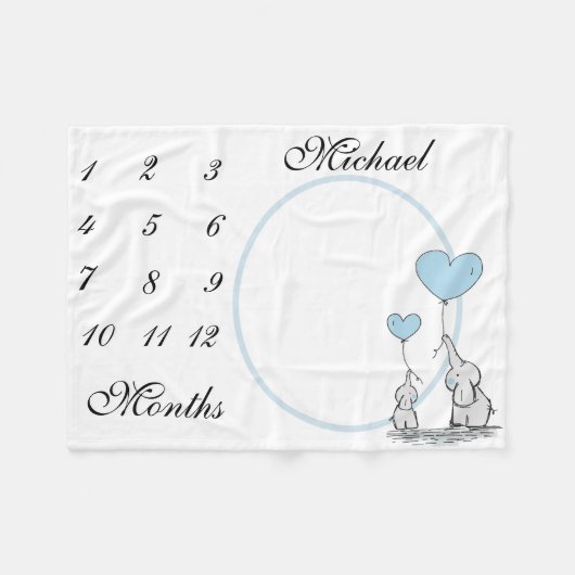 New Baby Säugling Milestone Blue Elephant Foto Fleecedecke (Vorderseite (Horizontal))
