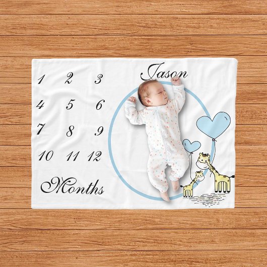 New Baby Säugling Milestone Blue Giraffe Foto Fleecedecke