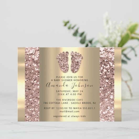 New Baby Shower Feet Rose Glitzer Boy Girly Einladung (Stehend Vorderseite)