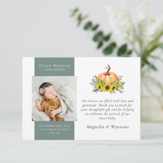 New Baby Vielen Dank | Fall Pumpkin Sonnenblume Dankeskarte (Stehend Vorderseite)