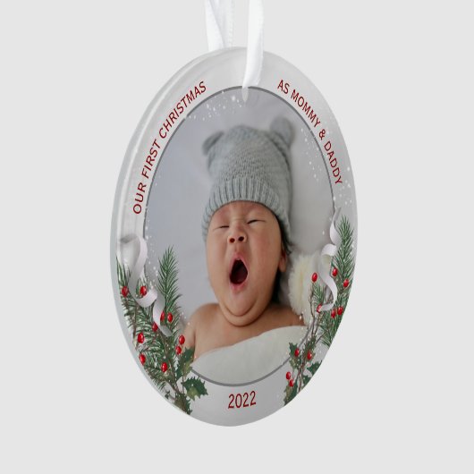 New Baby's 1. Weihnachts Silver Frame Holly & Pine Ornament (Vorderseite)