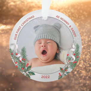 New Baby's 1. Weihnachts Silver Frame Holly & Pine Ornament