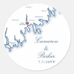 New Bedford MA Hochzeit Elegantes Marineblau Karte Runder Aufkleber