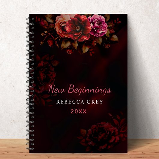 New beginnings dark red black floral notizblock
