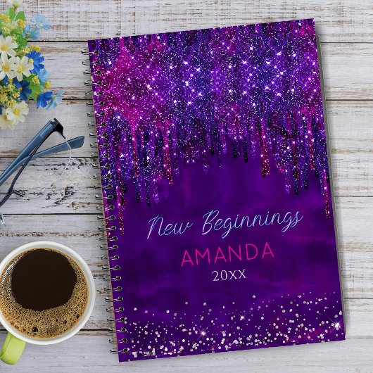 New beginnings Purple faux glitter Drips large Notizblock