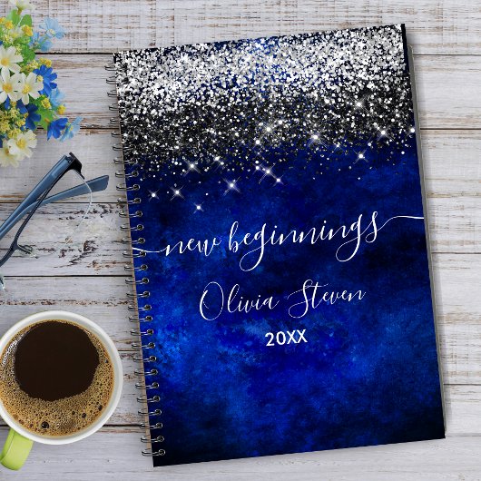 New beginnings royal blue silver faux glitter notizblock