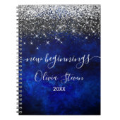 New beginnings royal blue silver faux glitter notizblock (Vorderseite)