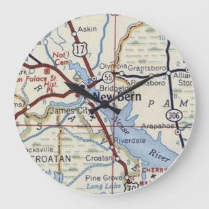 New Bern NC 50's Map Große Wanduhr