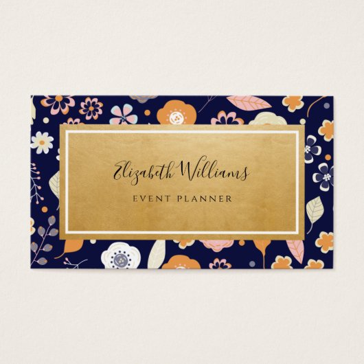 New Blue Gold Florals Event Plane Business Card (Vorderseite)