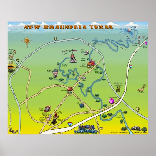 New Braunfels Texas Cartoon Map Poster (Vorne)