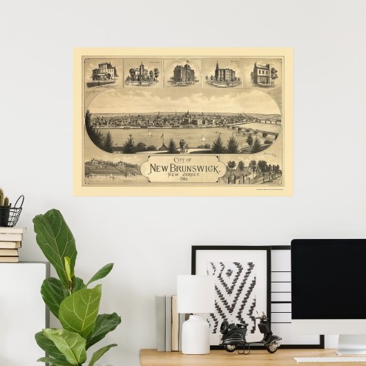 New Brunswick, NJ Panoramic Map - 1880 Poster (Heimbüro)