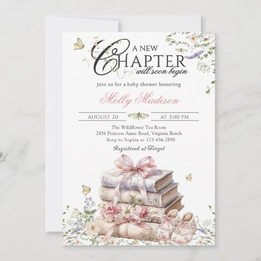 New Chapter Begin Floral Bow Book Book Baby Shower Einladung (Vorderseite)
