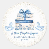 new chapter begins,blue bow books baby shower chic runder aufkleber (Vorderseite)