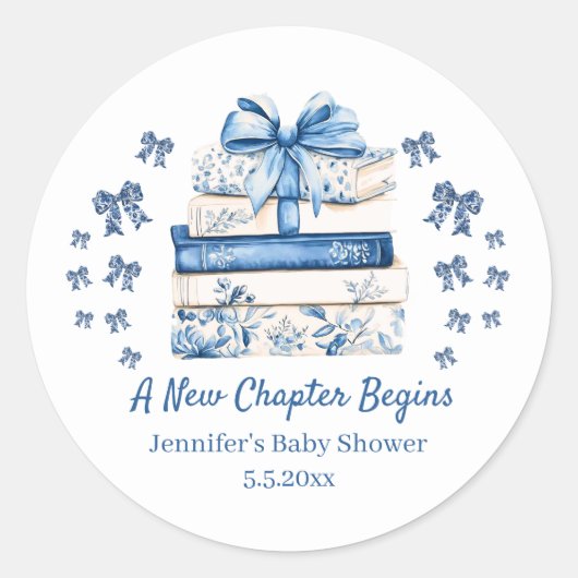 new chapter begins,blue bow books baby shower cute runder aufkleber (Vorderseite)