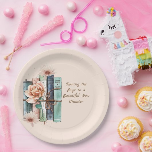 New Chapter Begins Book Stack Floral Pappteller (Party)