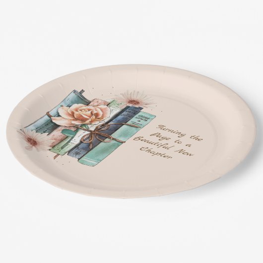 New Chapter Begins Book Stack Floral Pappteller (Schrägansicht)