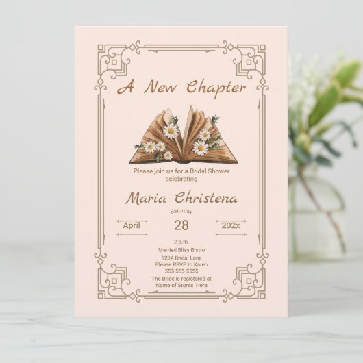 New Chapter Begins Bridal Shower Floral Open Book Einladung (Stehend Vorderseite)
