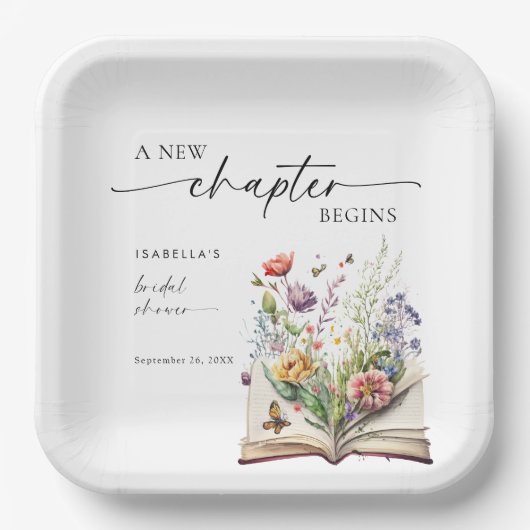 New Chapter Begins Floral Book Bridal Shower Pappteller (Vorderseite)